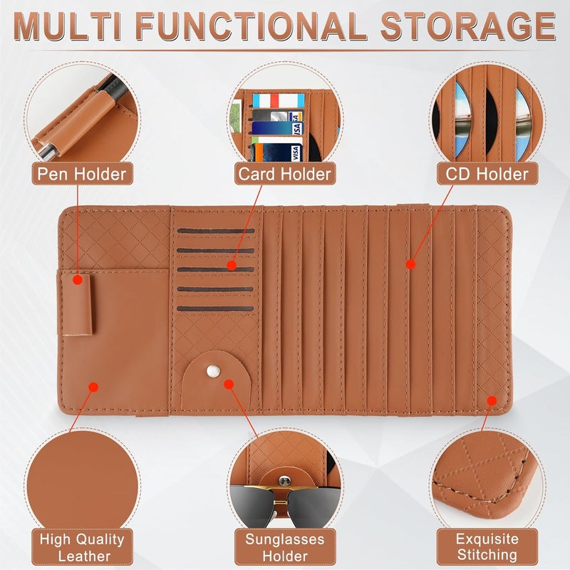 alpmosn Sun Visor CD Case Holder for Car - Multi-Function Visor Organizer with CD/DVD Storage, Eyeglass Clip, Card Slots & Pen Holder, Durable Leather Car Accessories (Orange) - Image 3